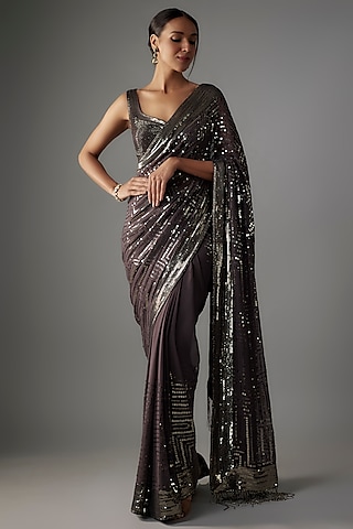 Charcoal Chiffon Sequins Embroidered Saree Set by Nakul Sen