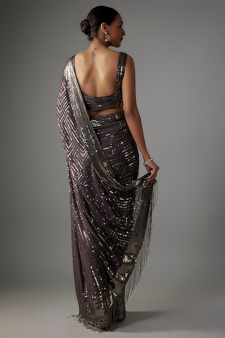 Charcoal Chiffon Sequins Embroidered Bridal Saree Set by Nakul Sen at Pernia's Pop Up Shop