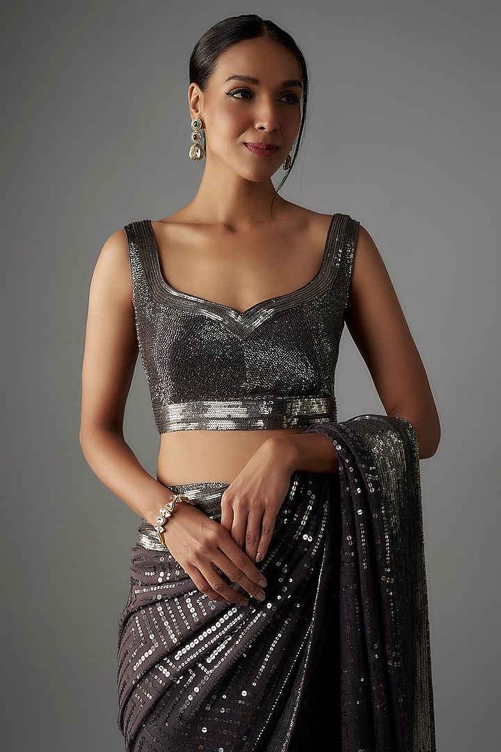 Charcoal Chiffon Sequins Embroidered Bridal Saree Set by Nakul Sen at Pernia's Pop Up Shop