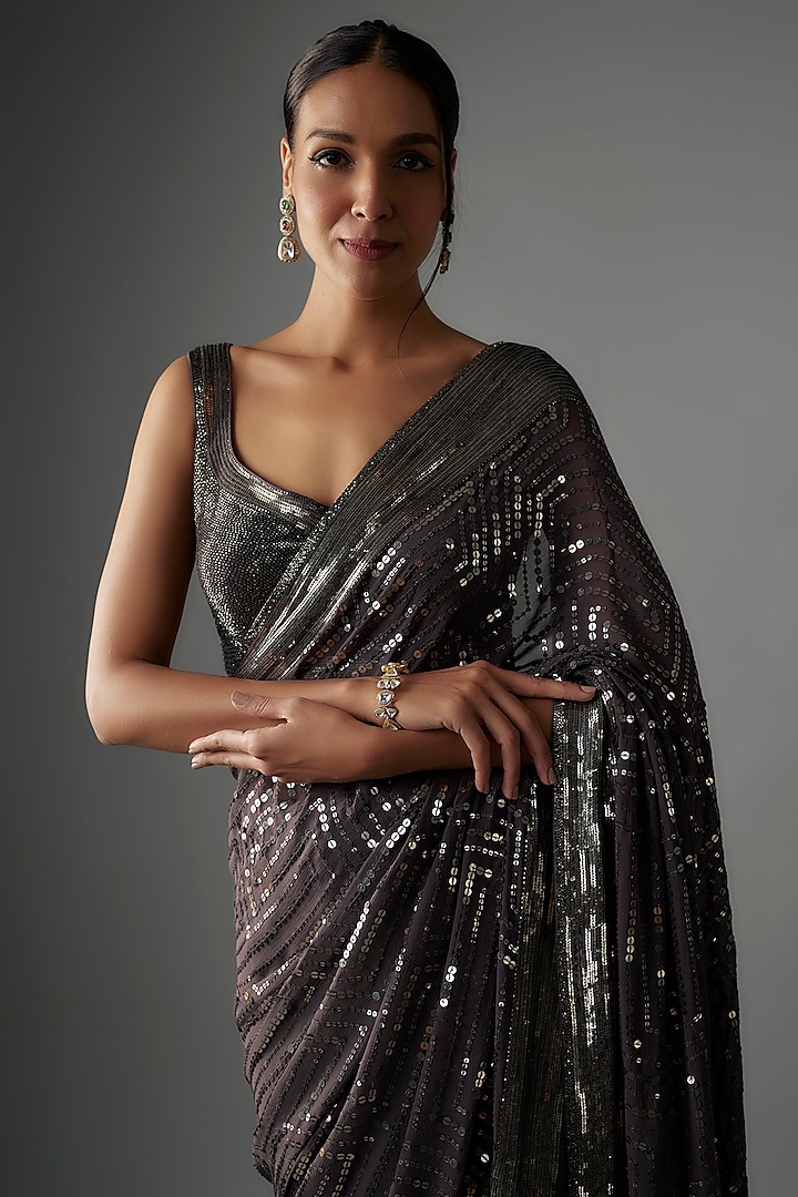Charcoal Chiffon Sequins Embroidered Bridal Saree Set by Nakul Sen at Pernia's Pop Up Shop