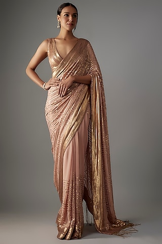 Blush Pink Chiffon Sequins Embroidered Saree Set by Nakul Sen