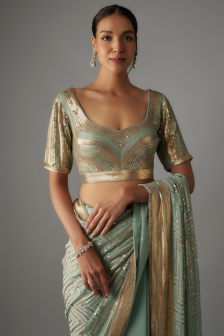 Porcelain Chiffon Sequins Embroidered Bridal Saree Set by Nakul Sen at Pernia's Pop Up Shop