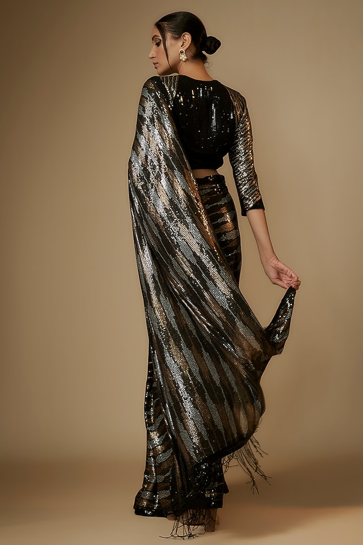 Black Chiffon Sequins Embroidered Bridal Saree Set by Nakul Sen at Pernia's Pop Up Shop