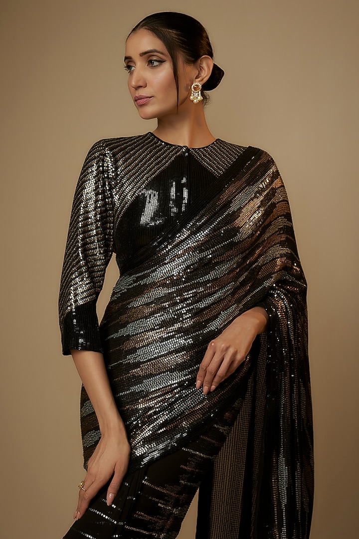 Black Chiffon Sequins Embroidered Bridal Saree Set by Nakul Sen at Pernia's Pop Up Shop