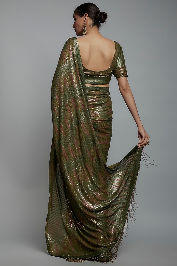 Army Green Chiffon Sequins Embroidered Bridal Saree Set by Nakul Sen at Pernia's Pop Up Shop