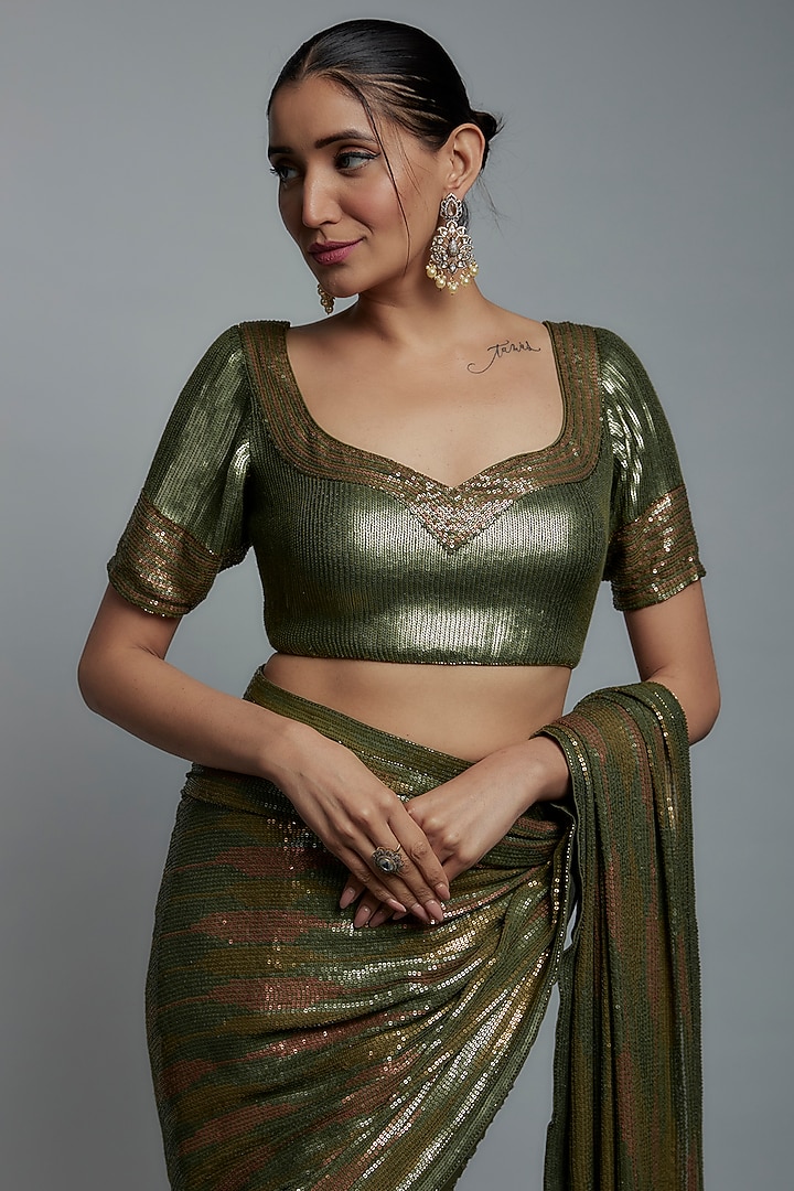 Army Green Chiffon Sequins Embroidered Bridal Saree Set by Nakul Sen at Pernia's Pop Up Shop