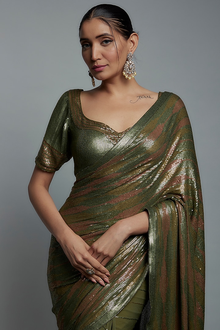 Army Green Chiffon Sequins Embroidered Bridal Saree Set by Nakul Sen at Pernia's Pop Up Shop