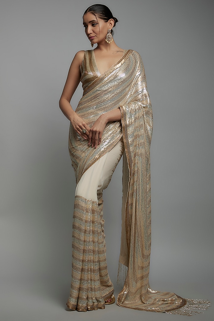 Ivory Chiffon Sequins Embroidered Bridal Saree Set by Nakul Sen at Pernia's Pop Up Shop