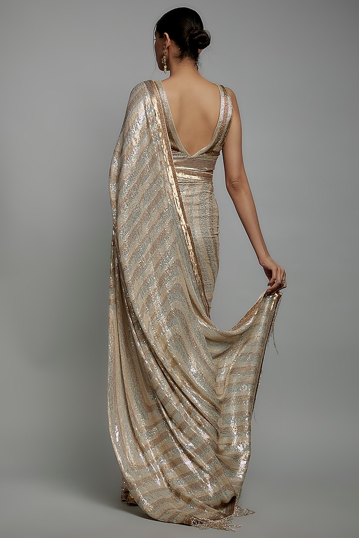 Ivory Chiffon Sequins Embroidered Bridal Saree Set by Nakul Sen at Pernia's Pop Up Shop