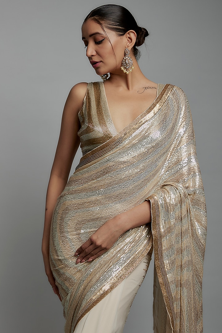Ivory Chiffon Sequins Embroidered Bridal Saree Set by Nakul Sen at Pernia's Pop Up Shop