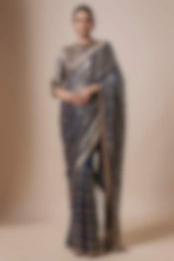 Classic Blue Chiffon Sequins Embroidered Striped Saree Set by Nakul Sen