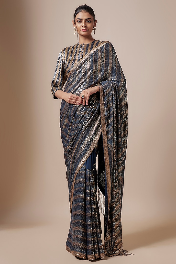 Classic Blue Chiffon Sequins Embroidered Striped Saree Set by Nakul Sen