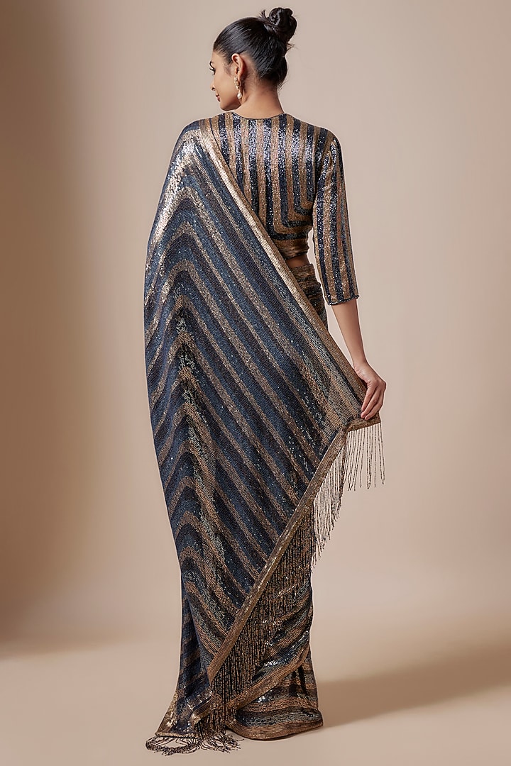 Classic Blue Chiffon Sequins Embroidered Striped Bridal Saree Set by Nakul Sen at Pernia's Pop Up Shop