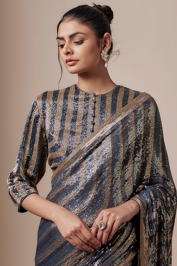 Classic Blue Chiffon Sequins Embroidered Striped Bridal Saree Set by Nakul Sen at Pernia's Pop Up Shop