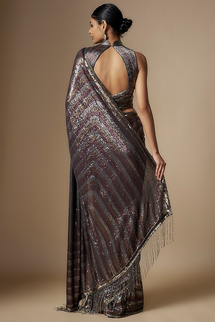 Charcoal Black Chiffon Sequins Embroidered Bridal Saree Set by Nakul Sen at Pernia's Pop Up Shop