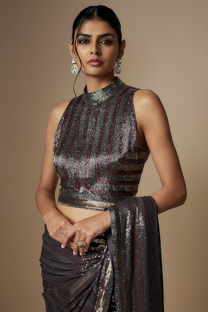 Charcoal Black Chiffon Sequins Embroidered Bridal Saree Set by Nakul Sen at Pernia's Pop Up Shop