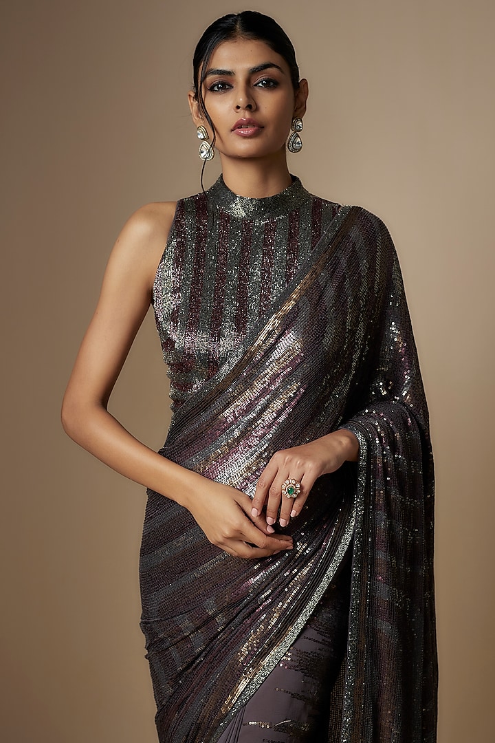Charcoal Black Chiffon Sequins Embroidered Bridal Saree Set by Nakul Sen at Pernia's Pop Up Shop