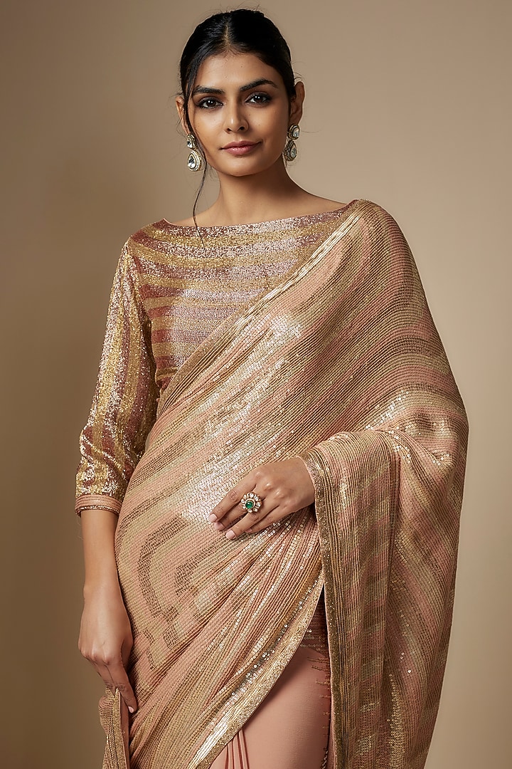 Kadambari Pink Chiffon Sequins Embroidered Bridal Saree Set by Nakul Sen at Pernia's Pop Up Shop