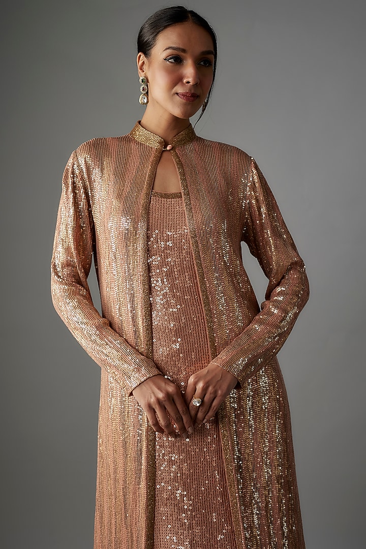 Kadambari Pink Chiffon Sequins Embroidered Jacket Set by Nakul Sen at Pernia's Pop Up Shop