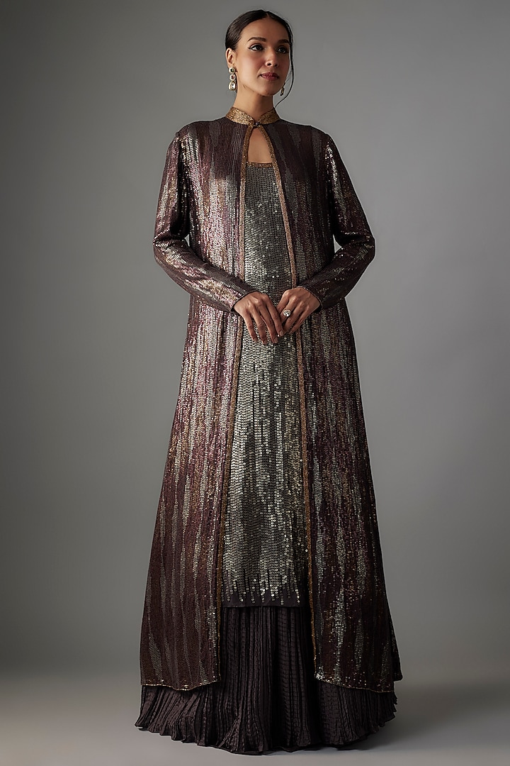 Charcoal Chiffon Sequins Embroidered Jacket Set by Nakul Sen