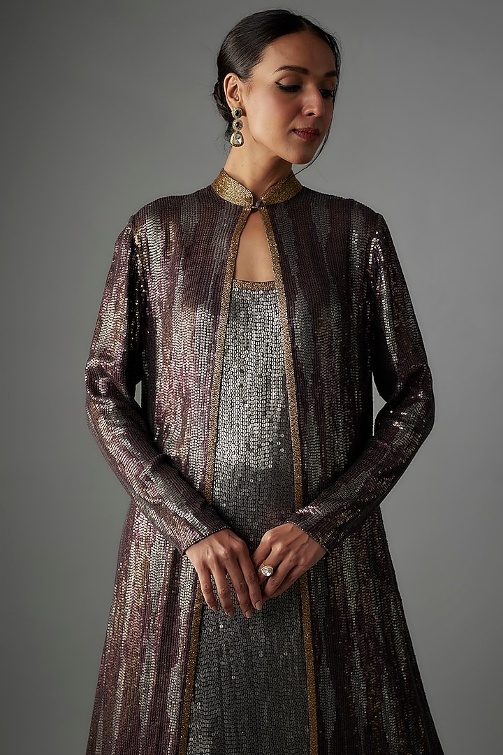 Charcoal Chiffon Sequins Embroidered Jacket Set by Nakul Sen at Pernia's Pop Up Shop