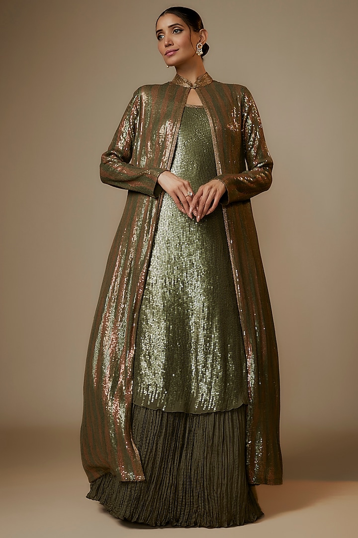 Army Green Chiffon Sequins Embroidered Jacket Set by Nakul Sen at Pernia's Pop Up Shop