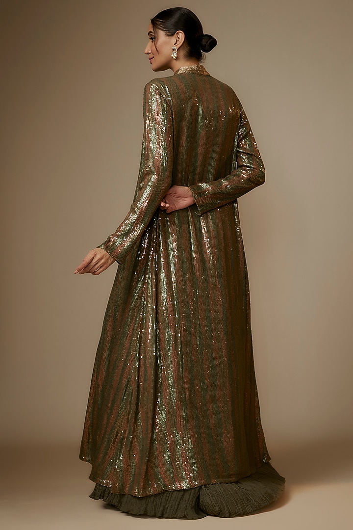 Army Green Chiffon Sequins Embroidered Jacket Set by Nakul Sen at