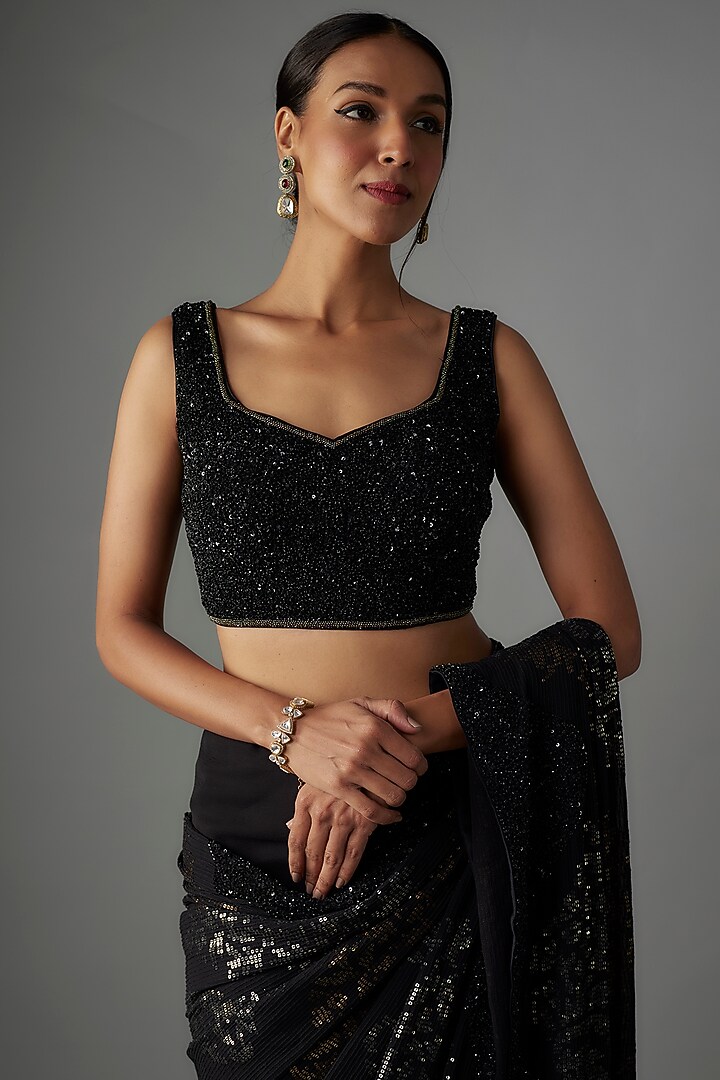 Black Chiffon Sequins Embroidered Bridal Saree Set by Nakul Sen at Pernia's Pop Up Shop