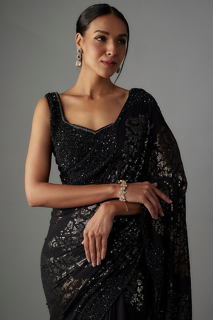 Black Chiffon Sequins Embroidered Bridal Saree Set by Nakul Sen at Pernia's Pop Up Shop
