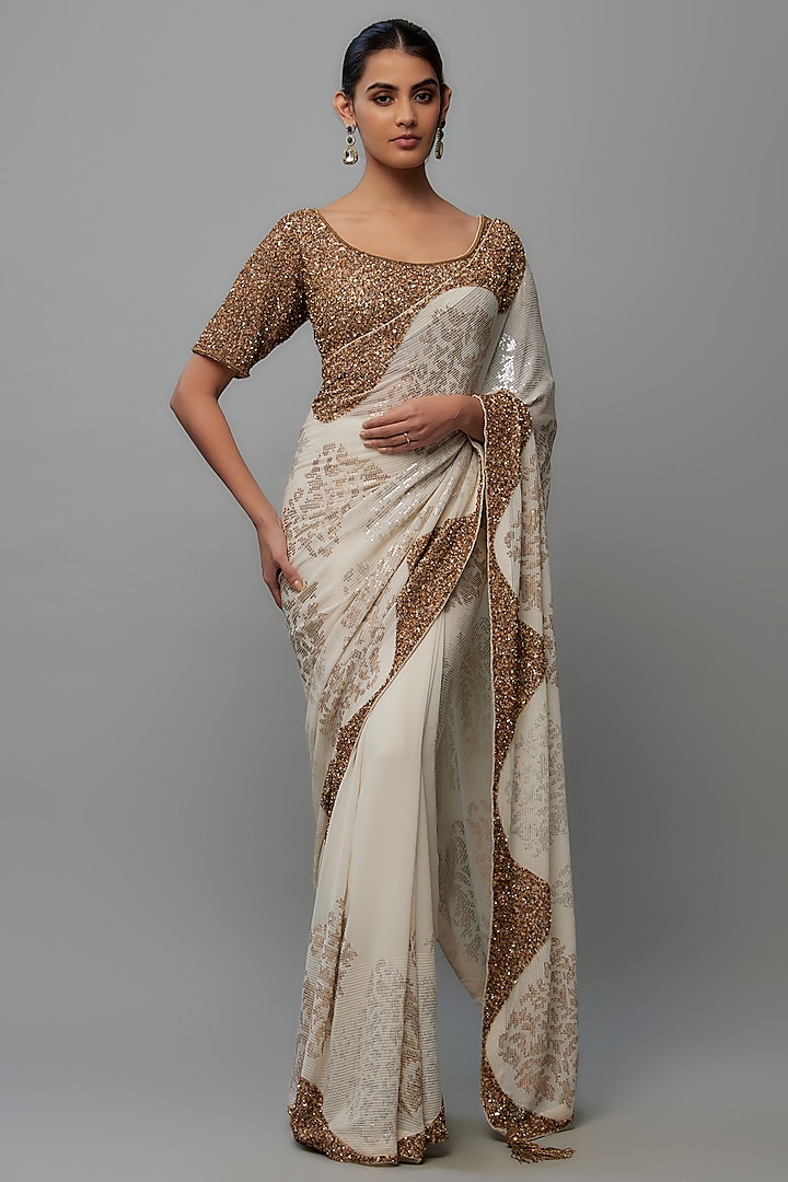 Ivory Chiffon Sequins Embroidered Saree Set by Nakul Sen