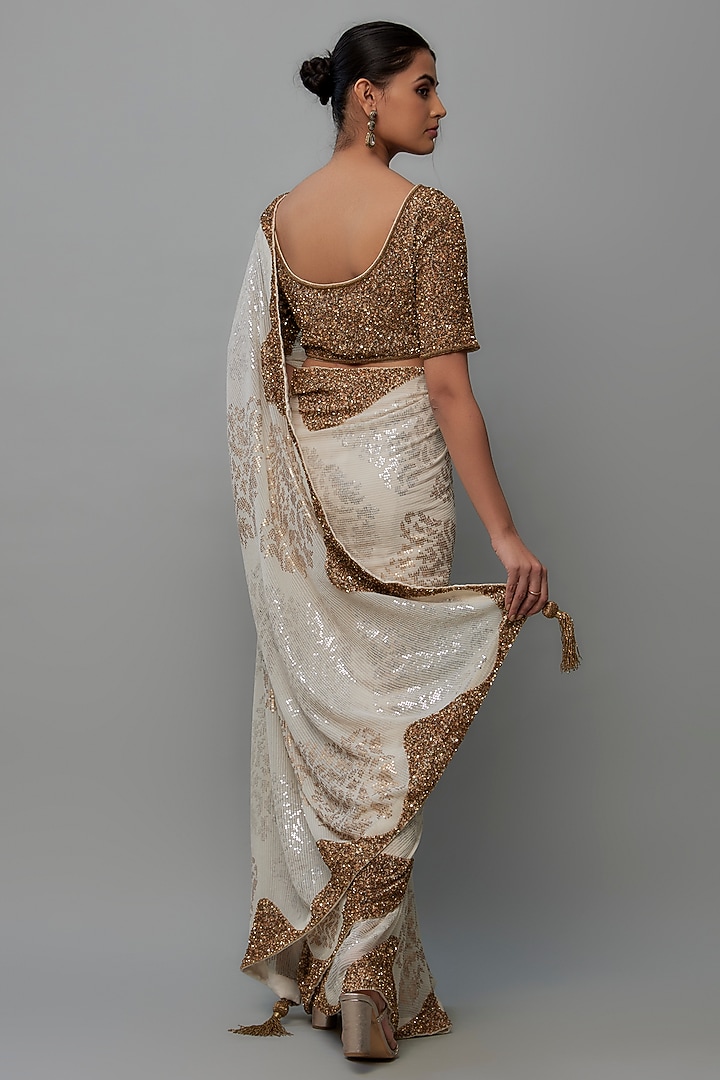Ivory Chiffon Sequins Embroidered Bridal Saree Set by Nakul Sen at Pernia's Pop Up Shop