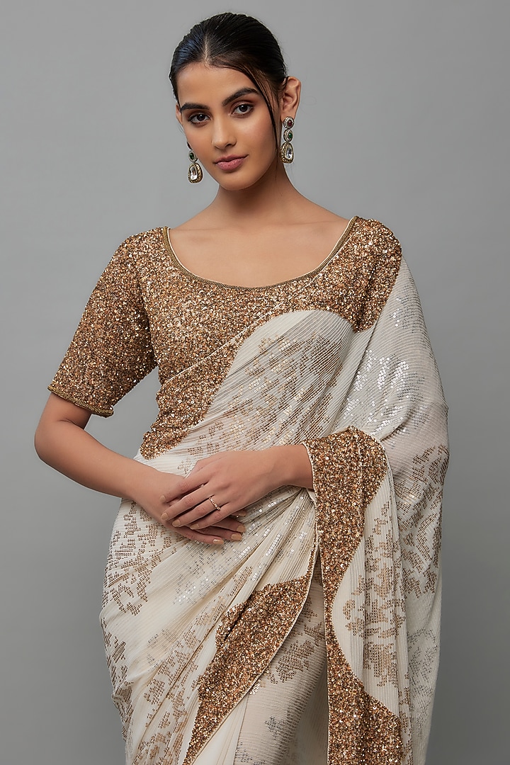 Ivory Chiffon Sequins Embroidered Bridal Saree Set by Nakul Sen at Pernia's Pop Up Shop