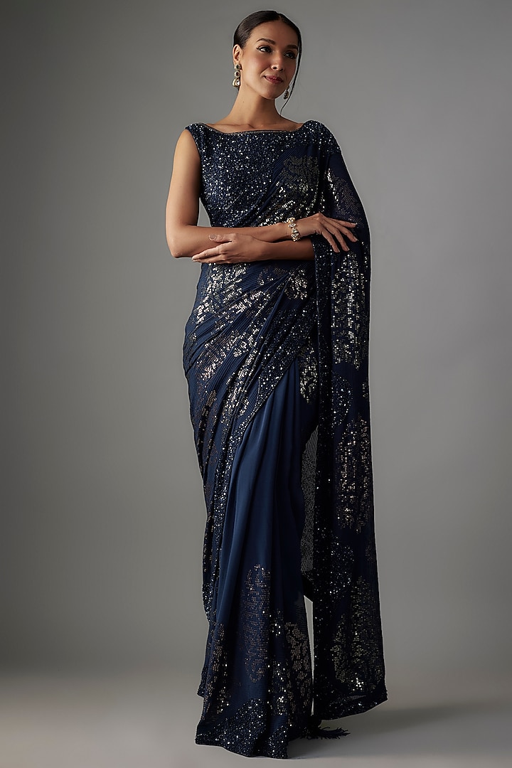 Classic Blue Chiffon Sequins Embroidered Saree Set by Nakul Sen