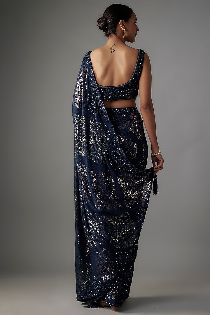 Classic Blue Chiffon Sequins Embroidered Bridal Saree Set by Nakul Sen at Pernia's Pop Up Shop