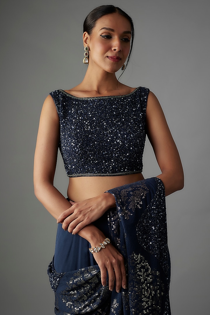 Classic Blue Chiffon Sequins Embroidered Bridal Saree Set by Nakul Sen at Pernia's Pop Up Shop
