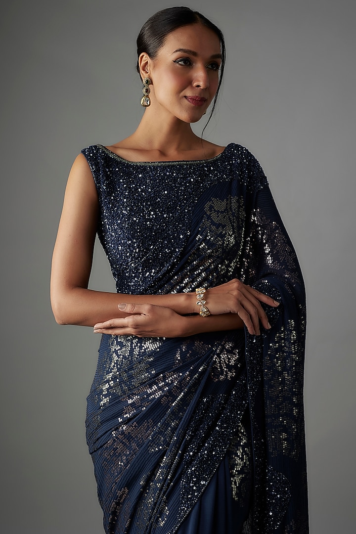 Classic Blue Chiffon Sequins Embroidered Bridal Saree Set by Nakul Sen at Pernia's Pop Up Shop