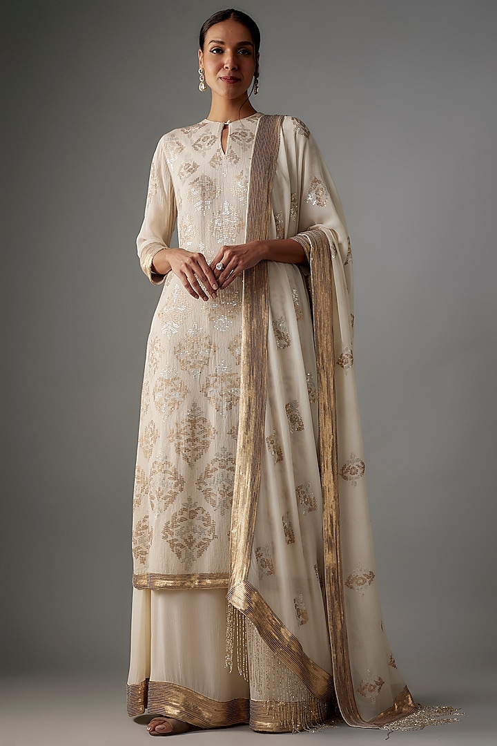 Ivory Chiffon Sequins Embroidered Kurta Set by Nakul Sen at Pernia's Pop Up Shop