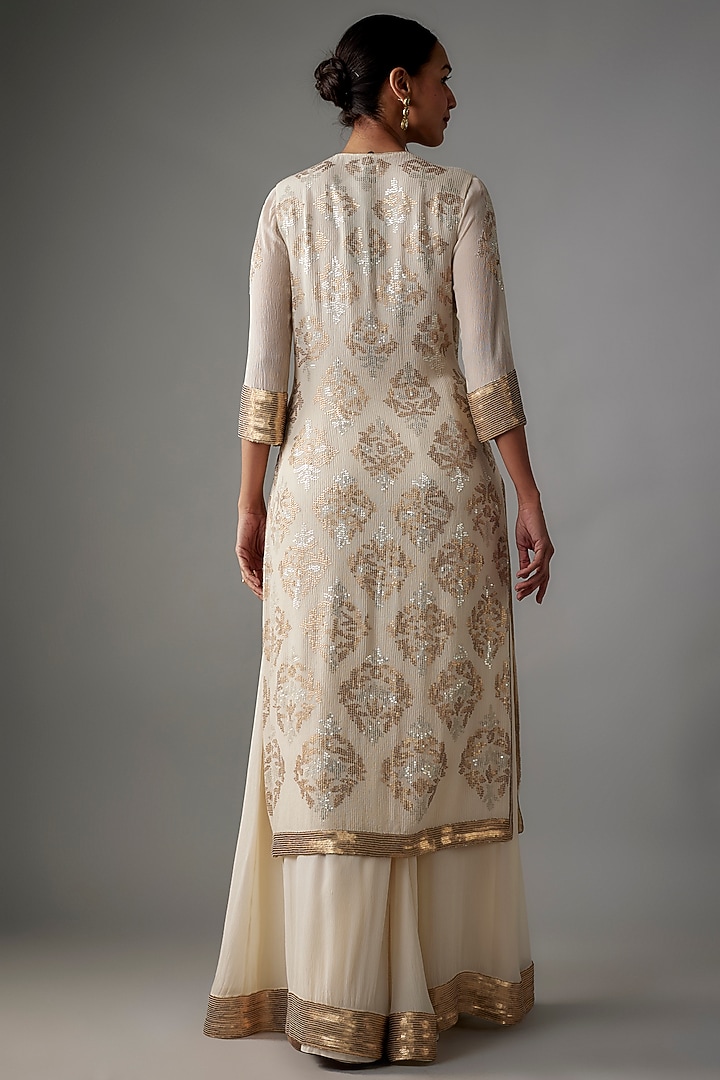 Ivory Chiffon Sequins Embroidered Kurta Set by Nakul Sen at Pernia's Pop Up Shop