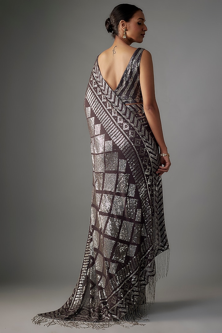 Charcoal Chiffon Sequins Embroidered Bridal Saree Set by Nakul Sen at Pernia's Pop Up Shop