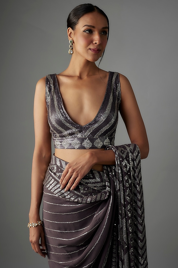 Charcoal Chiffon Sequins Embroidered Bridal Saree Set by Nakul Sen at Pernia's Pop Up Shop