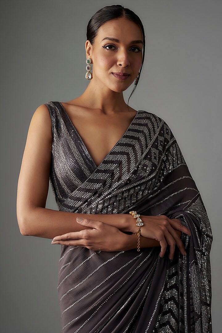Charcoal Chiffon Sequins Embroidered Bridal Saree Set by Nakul Sen at Pernia's Pop Up Shop