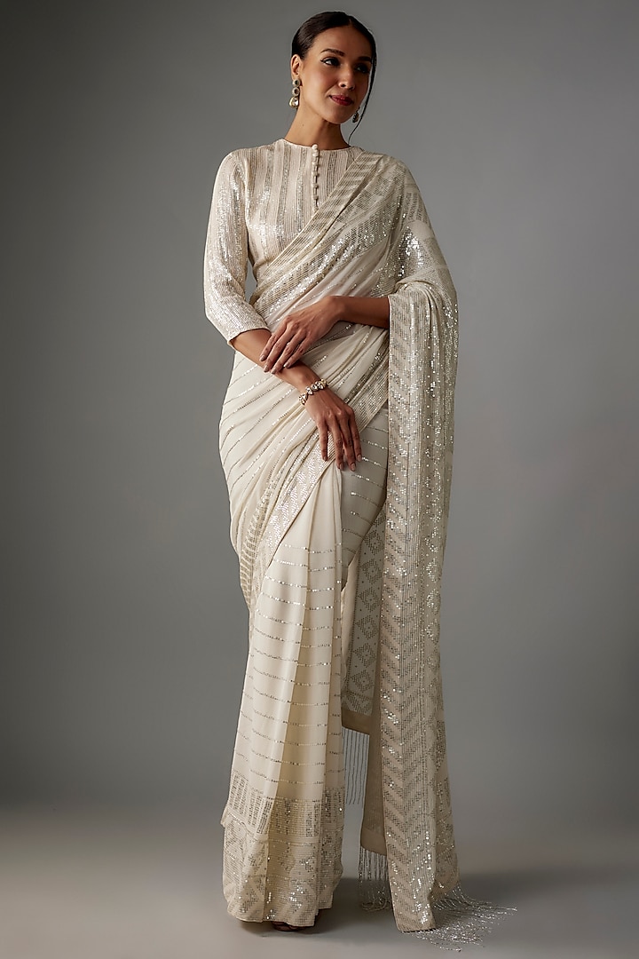 Ivory Chiffon Sequins Embroidered Saree Set by Nakul Sen