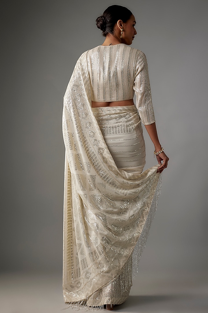 Ivory Chiffon Sequins Embroidered Bridal Saree Set by Nakul Sen at Pernia's Pop Up Shop