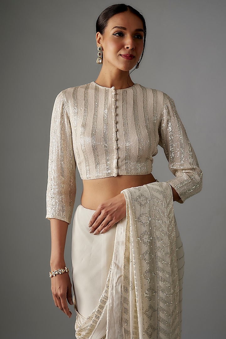 Ivory Chiffon Sequins Embroidered Bridal Saree Set by Nakul Sen at Pernia's Pop Up Shop