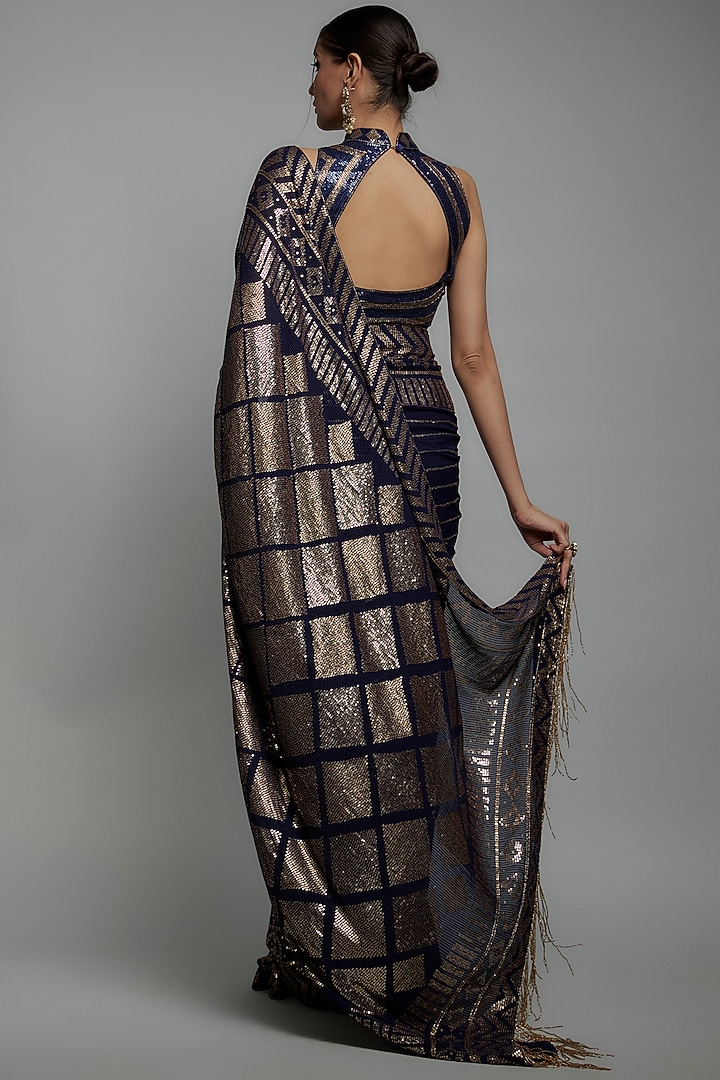 Navy Blue & Gold Chiffon Sequins Embroidered Bridal Saree Set by Nakul Sen at Pernia's Pop Up Shop