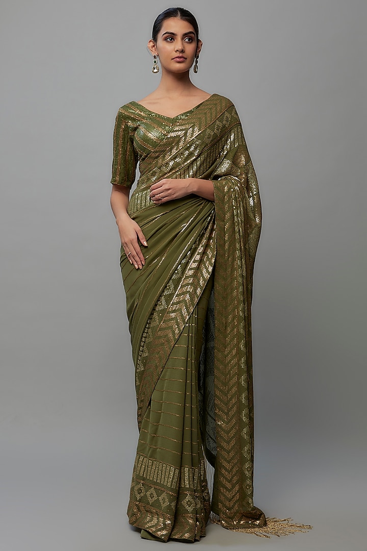 Army Green Chiffon Sequins Embroidered Saree Set by Nakul Sen