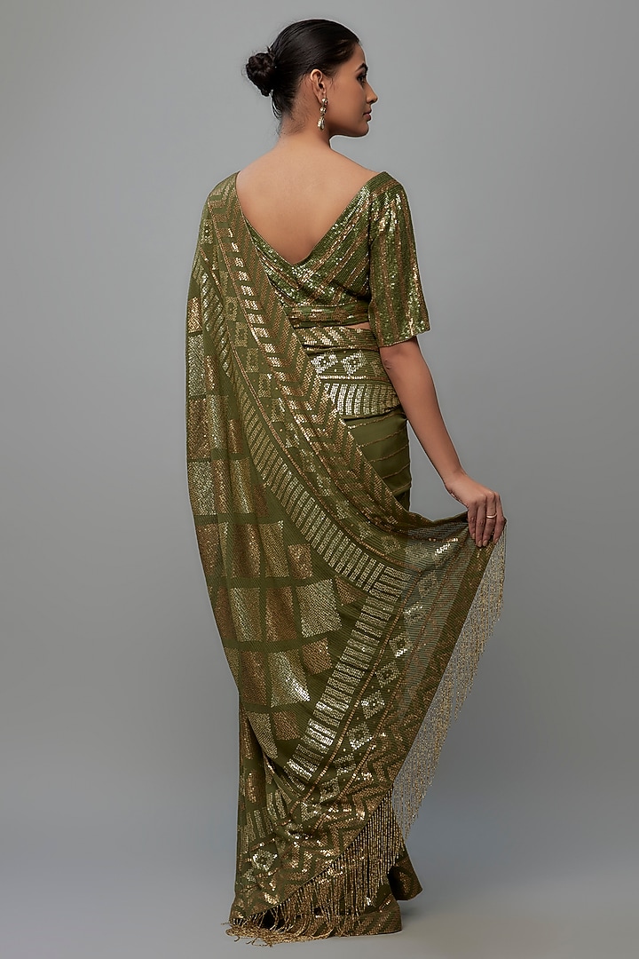 Army Green Chiffon Sequins Embroidered Bridal Saree Set by Nakul Sen at Pernia's Pop Up Shop