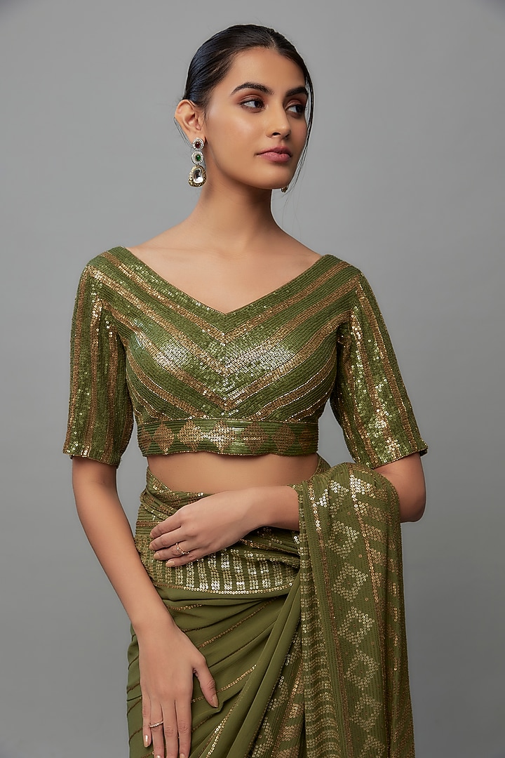 Army Green Chiffon Sequins Embroidered Bridal Saree Set by Nakul Sen at Pernia's Pop Up Shop
