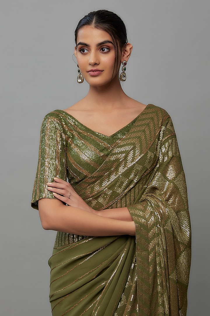 Army Green Chiffon Sequins Embroidered Bridal Saree Set by Nakul Sen at Pernia's Pop Up Shop