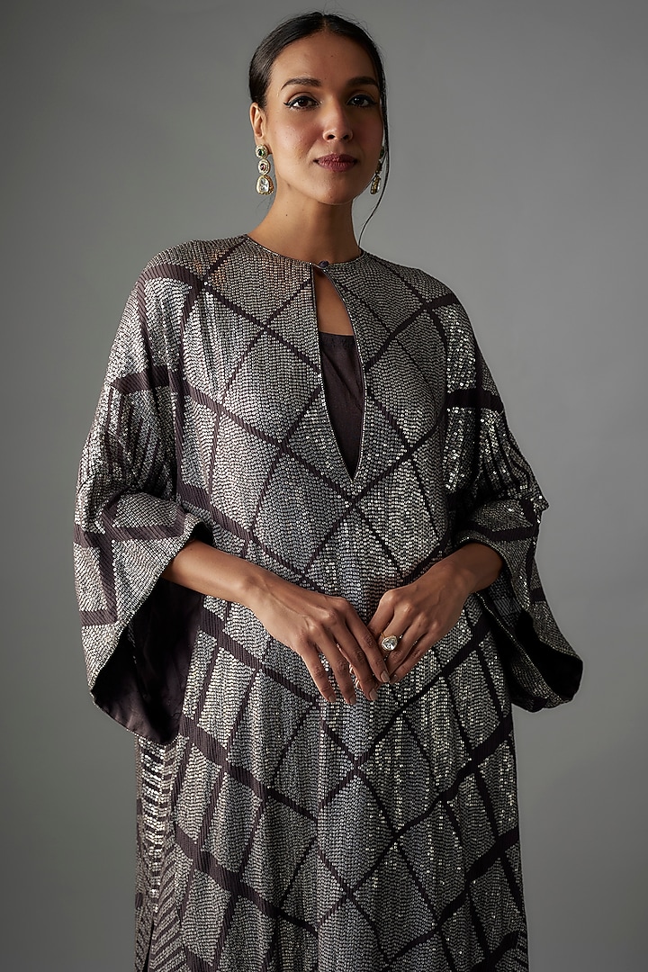 Charcoal Chiffon Sequins Embroidered Kurta Set by Nakul Sen at Pernia's Pop Up Shop